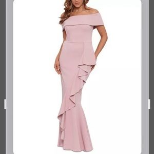 BETSY & ADAM Off-The-Shoulder Cascading Ruffle Mermaid Gown in Rose